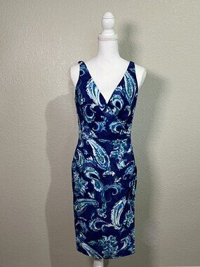 Lauren Ralph Lauren Faux Wrap Dress Women’s Sz 10 Blue Green Floral Sleeveless
